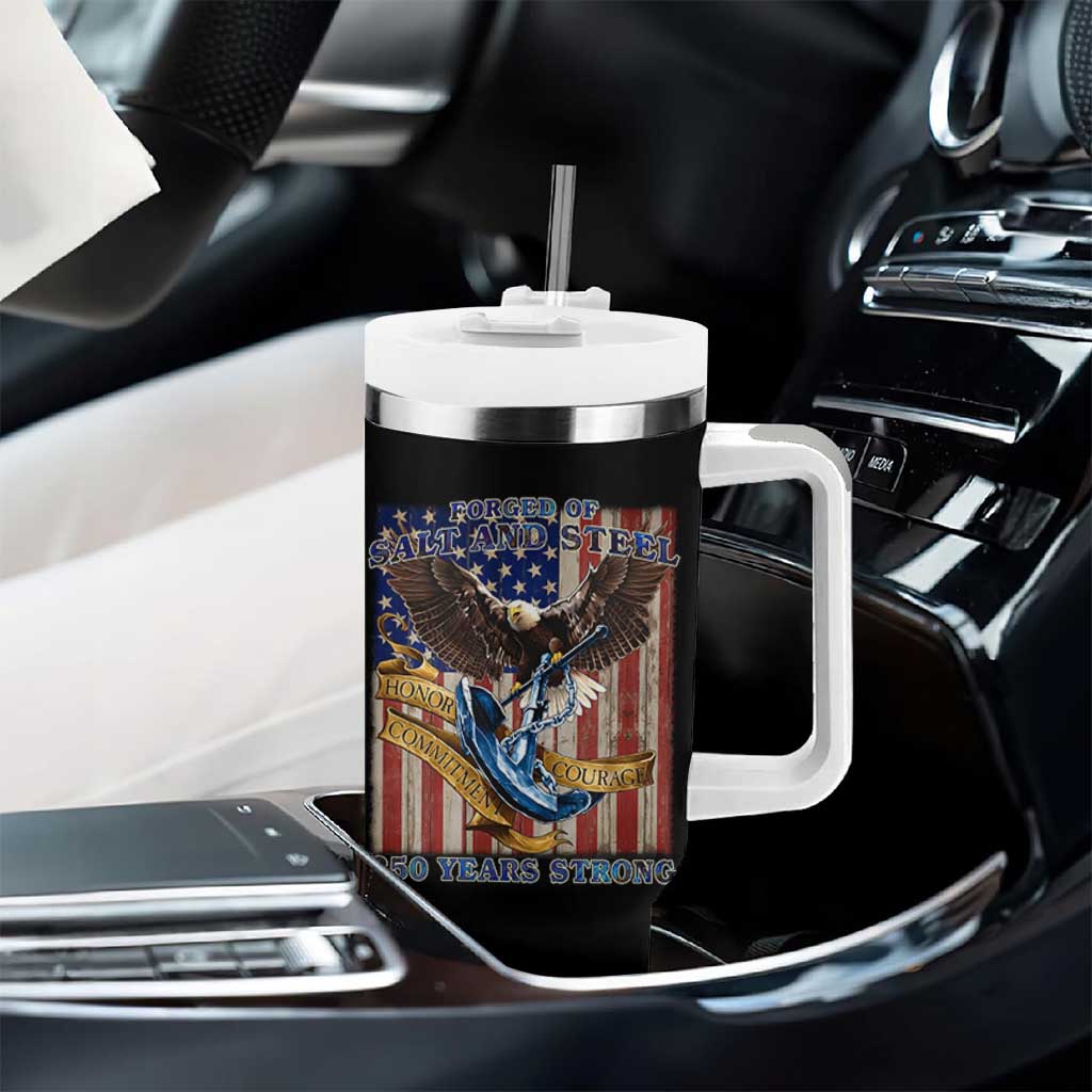 Military Navy 250th Anniversary Tumbler With Handle Forged of Salt and Steel Patriotic Eagle Anchor American Flag - Wonder Print Shop