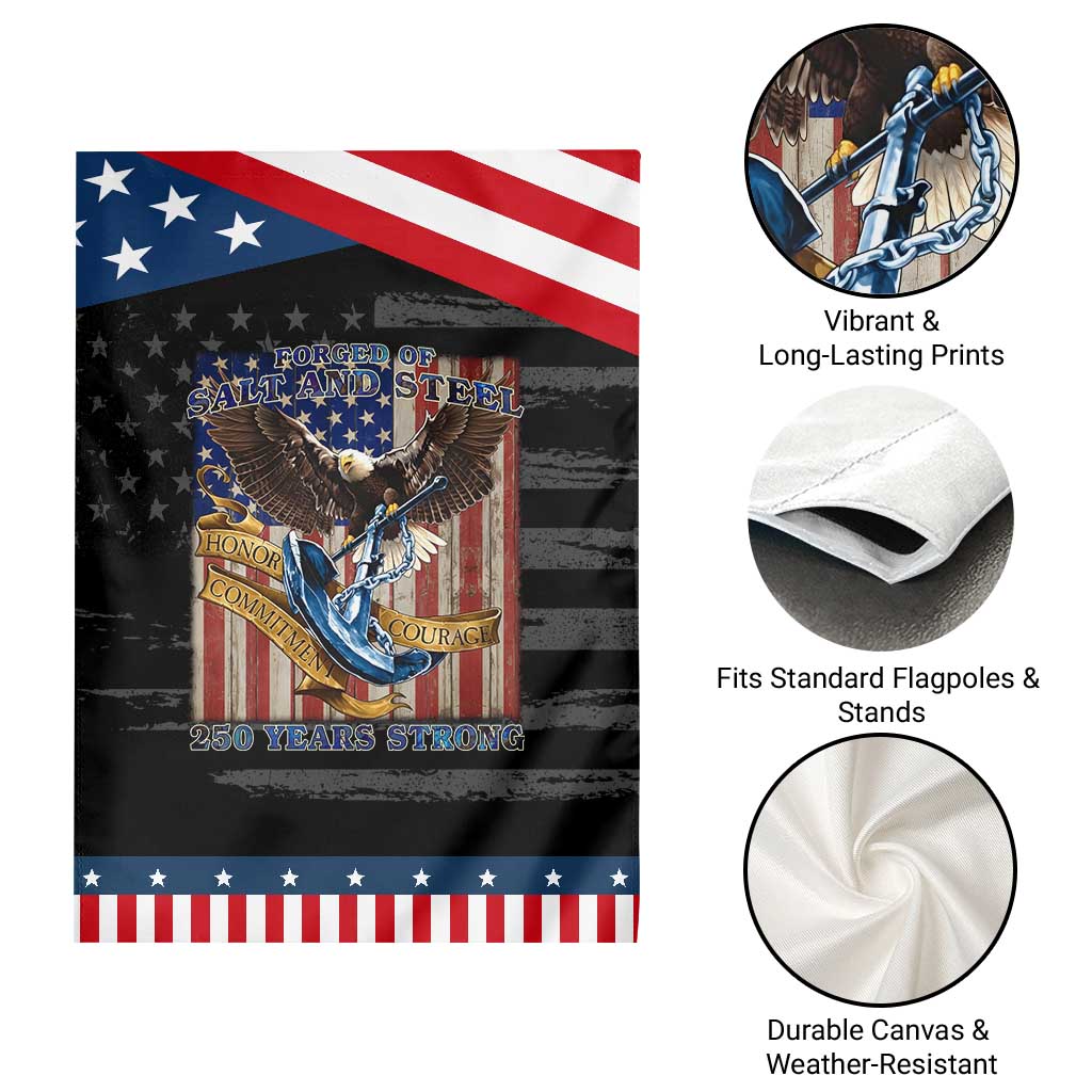 Military Navy 250th Anniversary Garden Flag Forged of Salt and Steel Patriotic Eagle Anchor American Flag