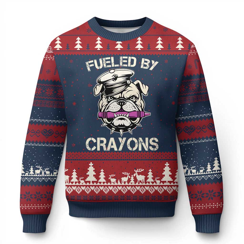Fueled by Crayons Bulldog Ugly Christmas Sweater Funny Military Crayon Eater Gift for Veterans - Wonder Print Shop