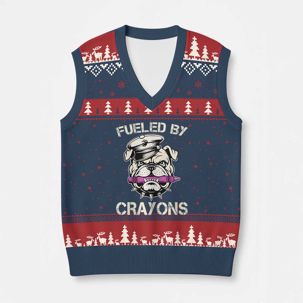 Fueled by Crayons Bulldog V-Neck Knit Sweater Vest Funny Military Crayon Eater Gift for Veterans - Wonder Print Shop