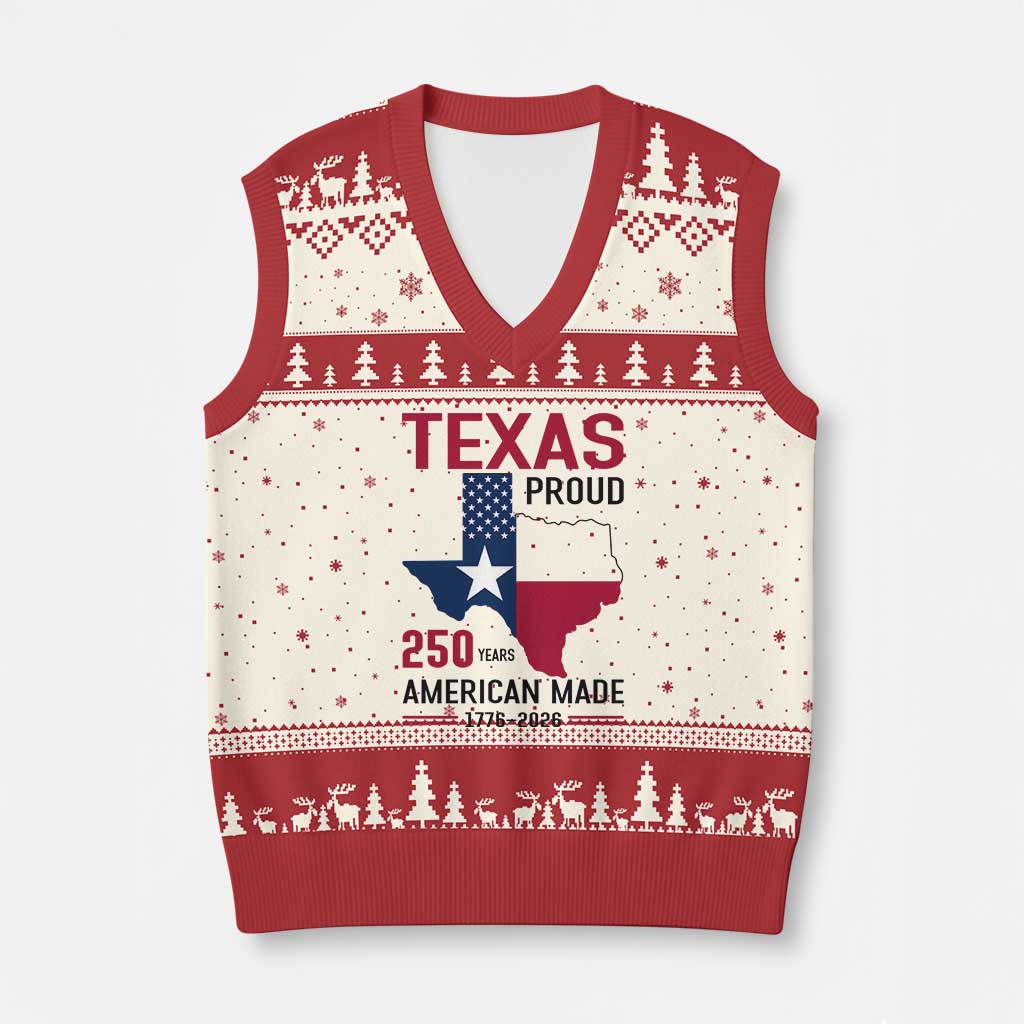Texas Proud 250 Years V-Neck Knit Sweater Vest American Made 1776 to 2026 Semiquincentennial - Wonder Print Shop