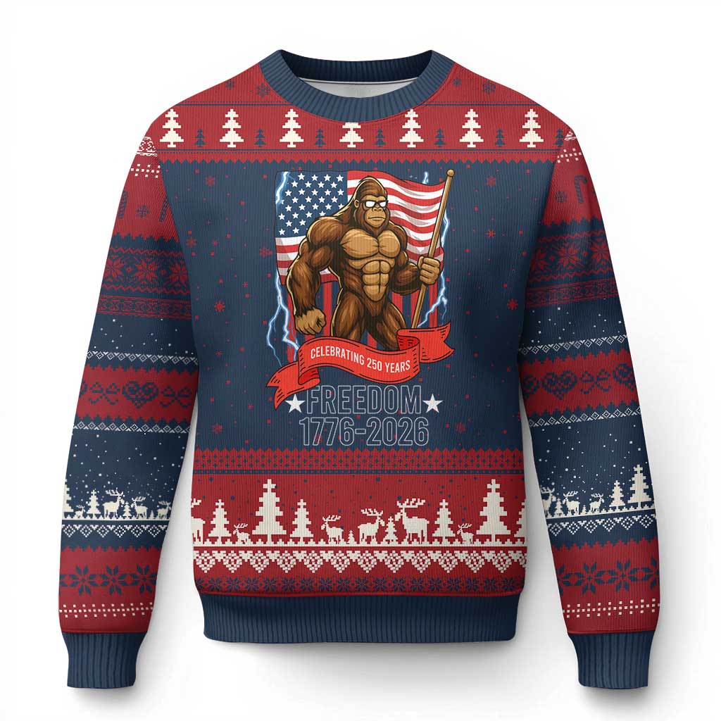 Patriotic Bigfoot US 250th Anniversary Ugly Christmas Sweater Sasquatch Celebrating 250 Years of Freedom 1776 to 2026 - Wonder Print Shop