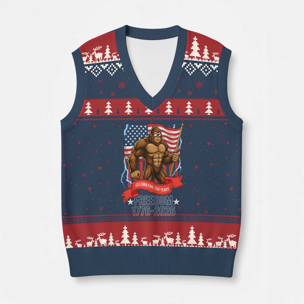 Patriotic Bigfoot US 250th Anniversary V-Neck Knit Sweater Vest Sasquatch Celebrating 250 Years of Freedom 1776 to 2026 - Wonder Print Shop