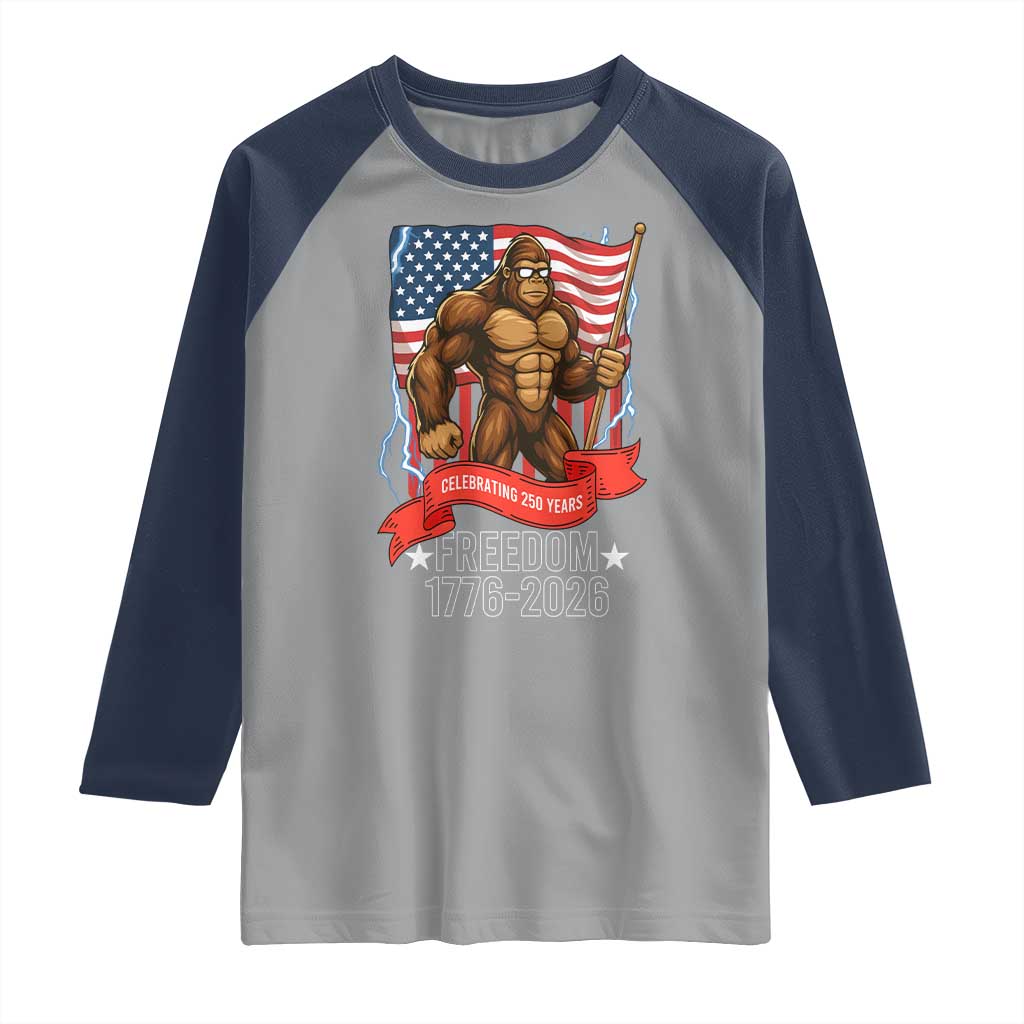 Patriotic Bigfoot US 250th Anniversary Raglan Shirt Sasquatch Celebrating 250 Years of Freedom 1776 to 2026 - Wonder Print Shop
