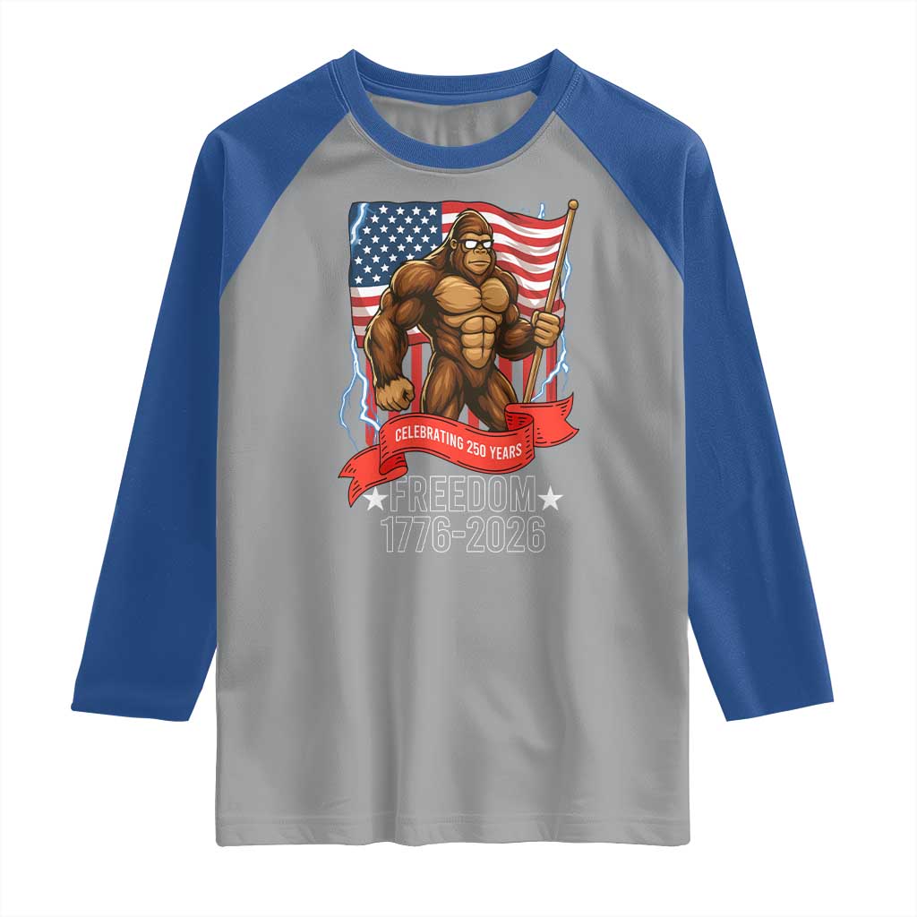 Patriotic Bigfoot US 250th Anniversary Raglan Shirt Sasquatch Celebrating 250 Years of Freedom 1776 to 2026 - Wonder Print Shop