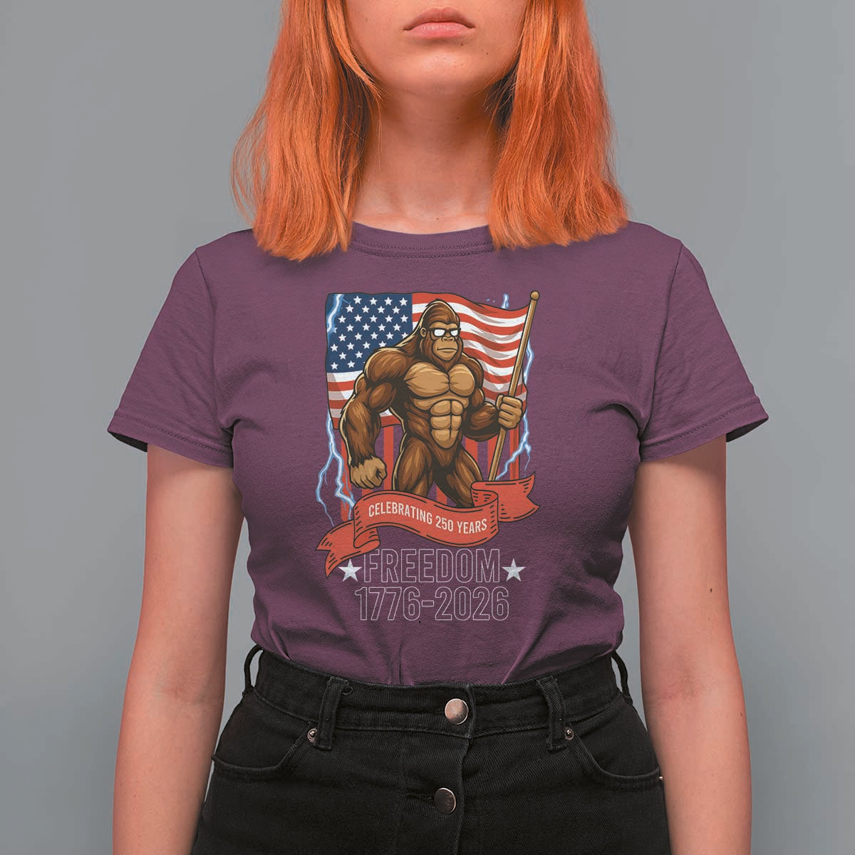 Patriotic Bigfoot US 250th Anniversary T Shirt For Women Sasquatch Celebrating 250 Years of Freedom 1776 to 2026 - Wonder Print Shop