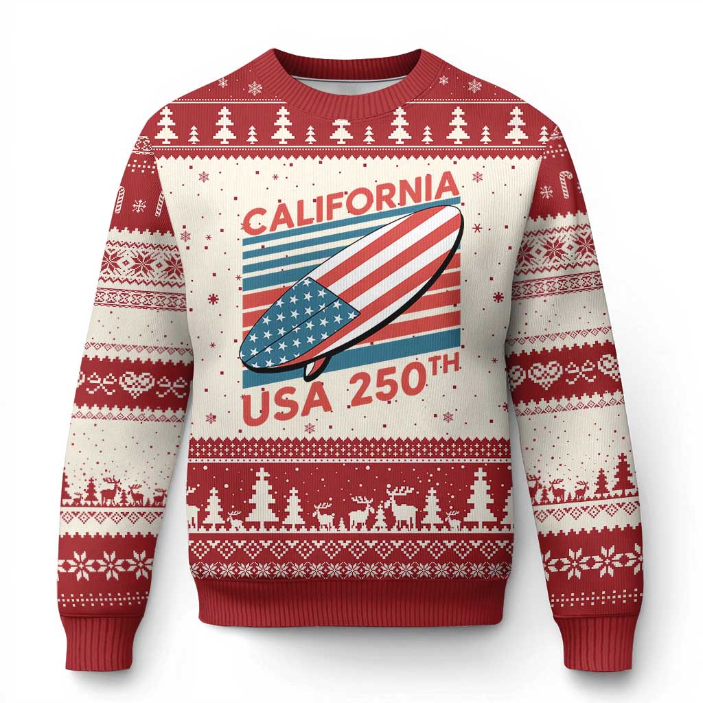 California USA 250th Anniversary Ugly Christmas Sweater US Semiquincentennial Patriotic Surfboard Graphic - Wonder Print Shop