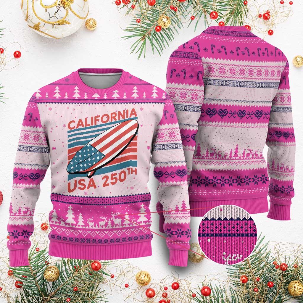 California USA 250th Anniversary Ugly Christmas Sweater US Semiquincentennial Patriotic Surfboard Graphic - Wonder Print Shop