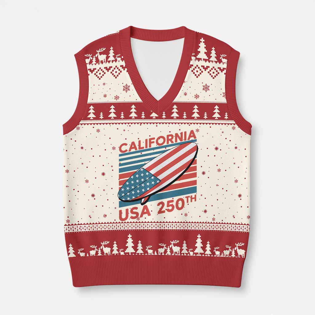 California USA 250th Anniversary V-Neck Knit Sweater Vest US Semiquincentennial Patriotic Surfboard Graphic - Wonder Print Shop