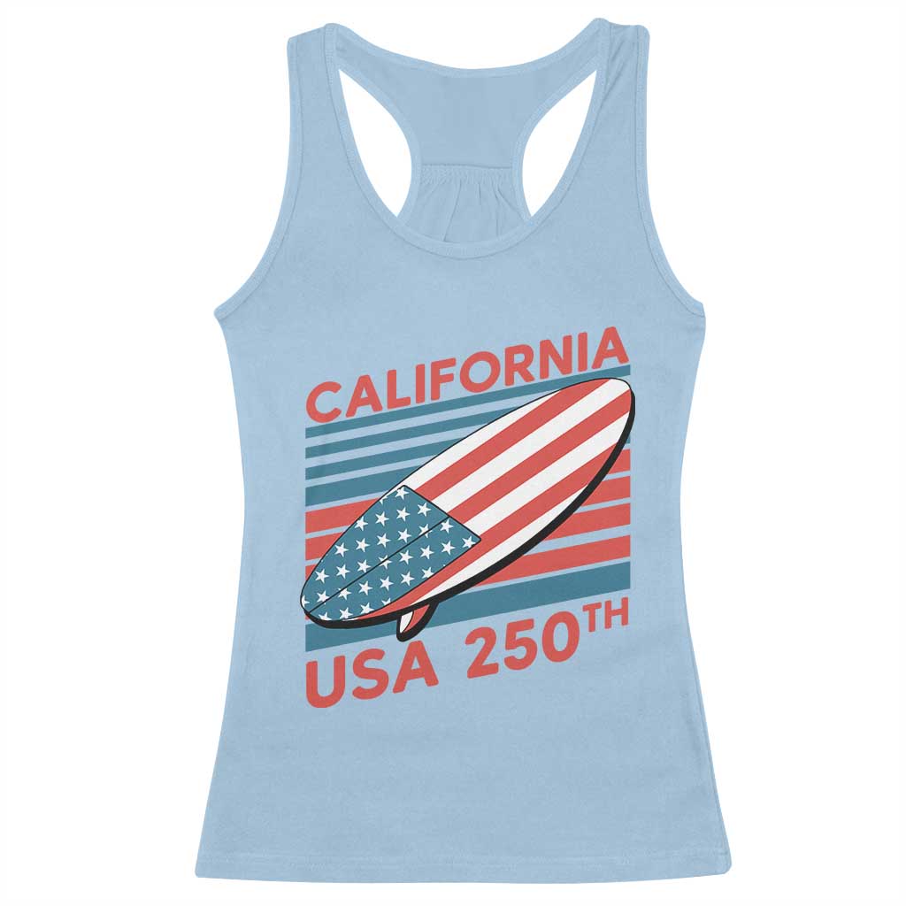 California USA 250th Anniversary Racerback Tank Top US Semiquincentennial Patriotic Surfboard Graphic - Wonder Print Shop