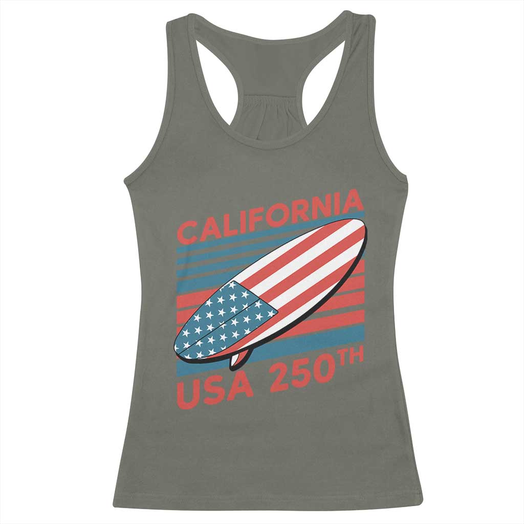 California USA 250th Anniversary Racerback Tank Top US Semiquincentennial Patriotic Surfboard Graphic - Wonder Print Shop