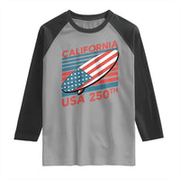 California USA 250th Anniversary Raglan Shirt US Semiquincentennial Patriotic Surfboard Graphic - Wonder Print Shop