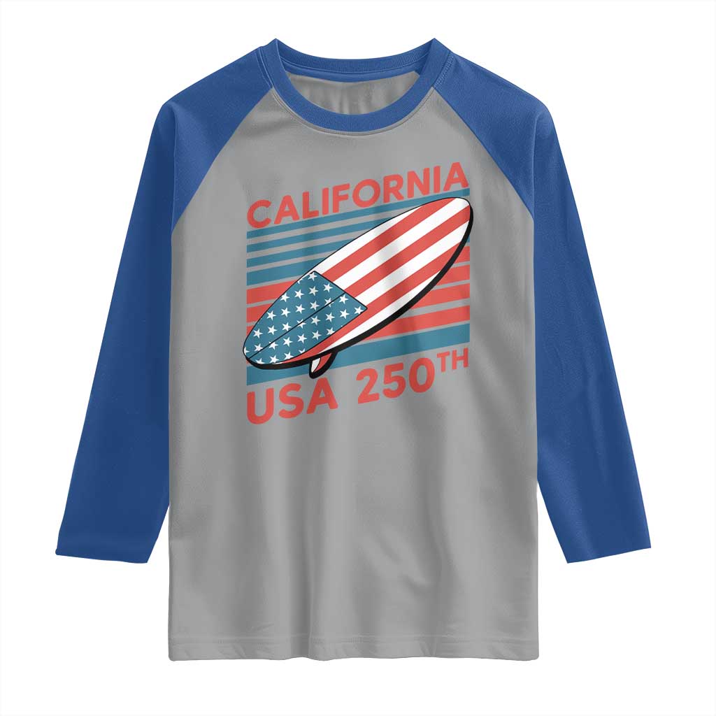 California USA 250th Anniversary Raglan Shirt US Semiquincentennial Patriotic Surfboard Graphic - Wonder Print Shop