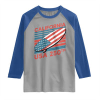 California USA 250th Anniversary Raglan Shirt US Semiquincentennial Patriotic Surfboard Graphic - Wonder Print Shop