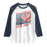 California USA 250th Anniversary Raglan Shirt US Semiquincentennial Patriotic Surfboard Graphic - Wonder Print Shop