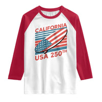California USA 250th Anniversary Raglan Shirt US Semiquincentennial Patriotic Surfboard Graphic - Wonder Print Shop