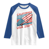 California USA 250th Anniversary Raglan Shirt US Semiquincentennial Patriotic Surfboard Graphic - Wonder Print Shop