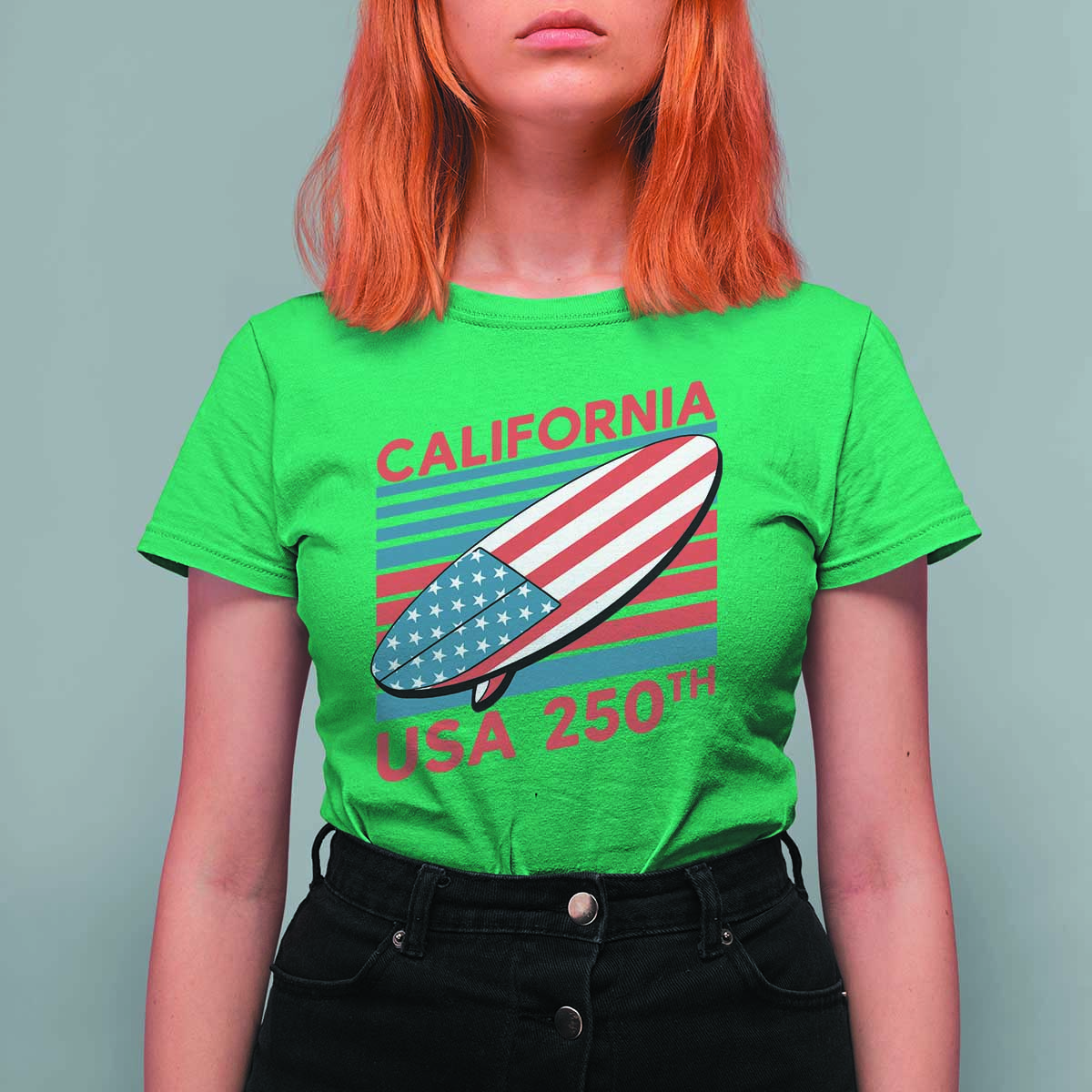 California USA 250th Anniversary T Shirt For Women US Semiquincentennial Patriotic Surfboard Graphic - Wonder Print Shop
