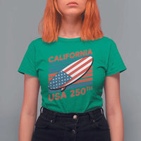 California USA 250th Anniversary T Shirt For Women US Semiquincentennial Patriotic Surfboard Graphic - Wonder Print Shop