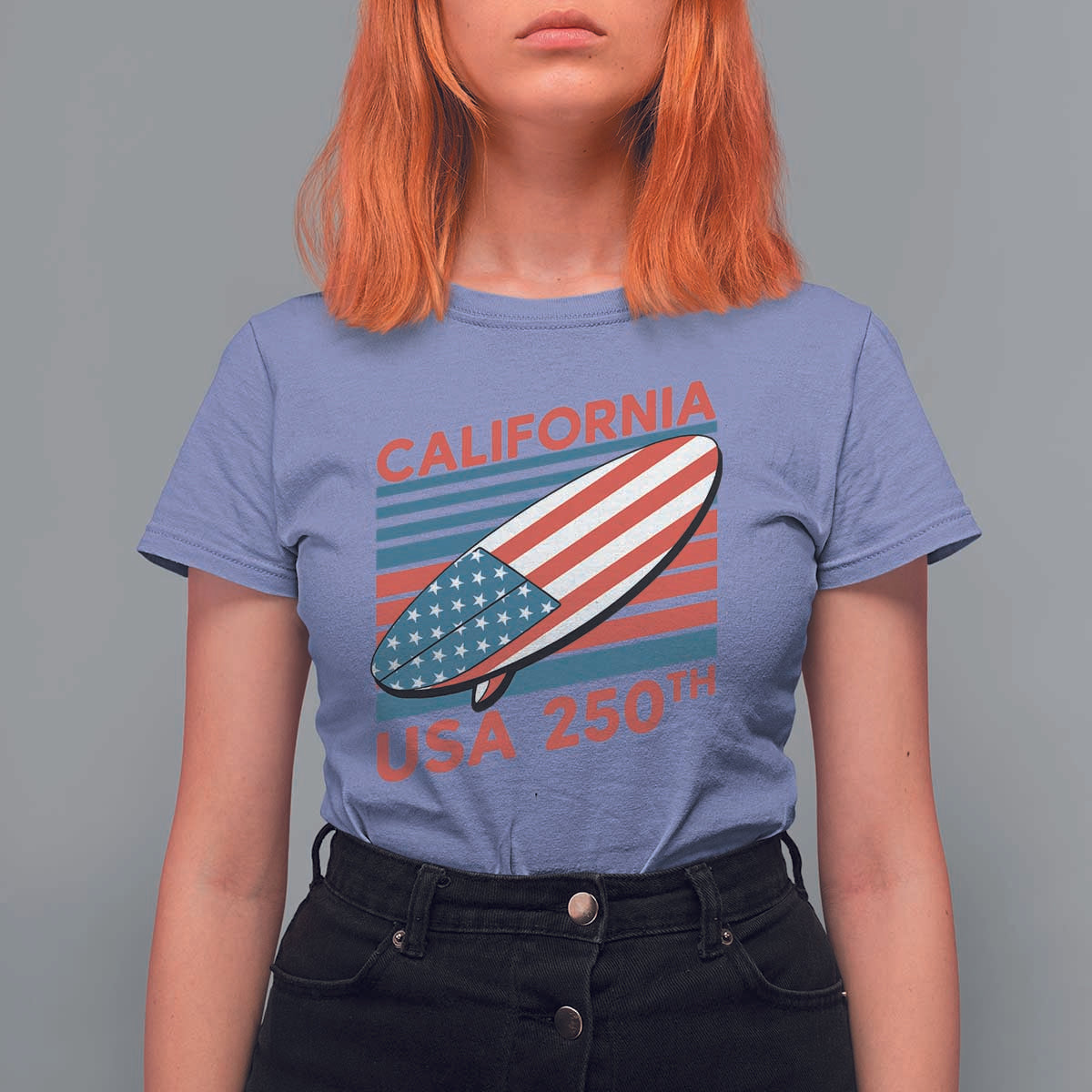 California USA 250th Anniversary T Shirt For Women US Semiquincentennial Patriotic Surfboard Graphic - Wonder Print Shop