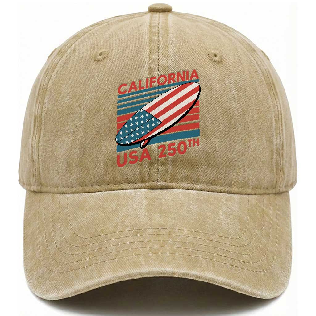 California USA 250th Anniversary Washed Cotton Baseball Cap US Semiquincentennial Patriotic Surfboard Graphic