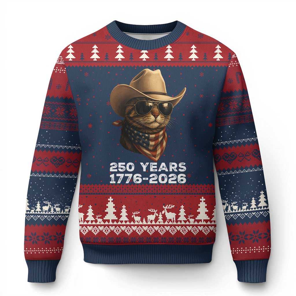 Cool Cowboy Cat 250 Years Ugly Christmas Sweater Funny Patriotic 1776 to 2026 US Semiquincentennial - Wonder Print Shop