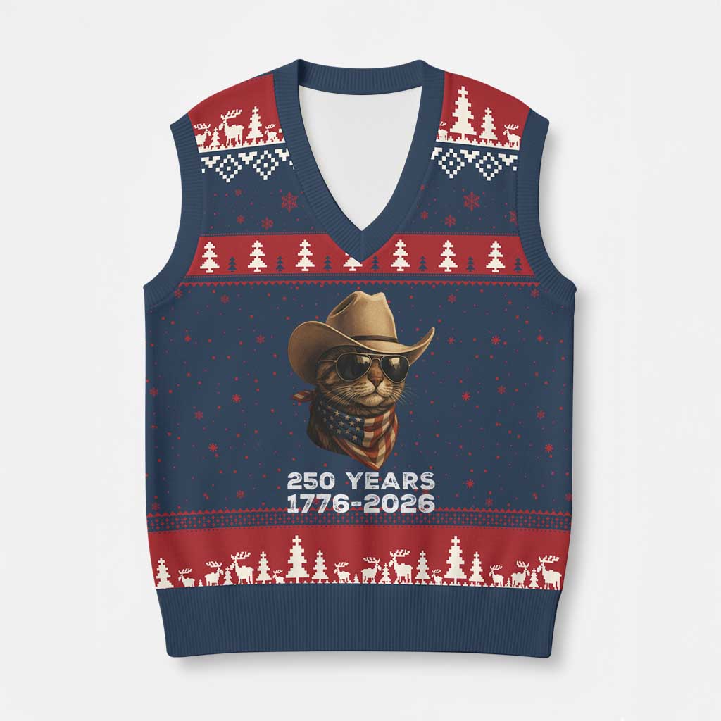 Cool Cowboy Cat 250 Years V-Neck Knit Sweater Vest Funny Patriotic 1776 to 2026 US Semiquincentennial - Wonder Print Shop