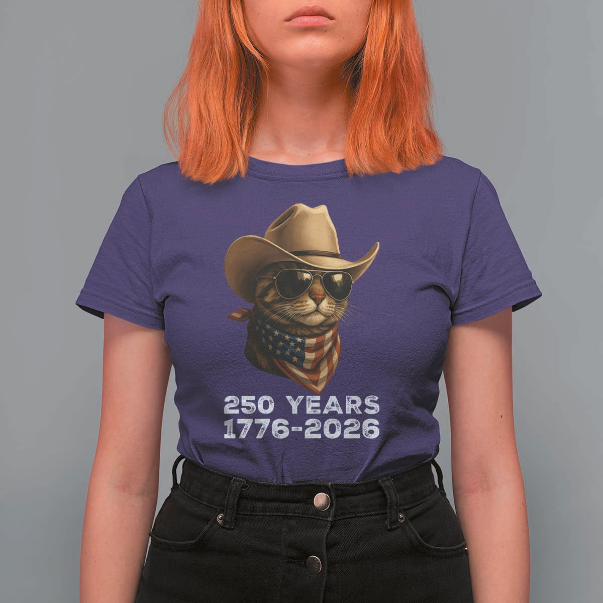Cool Cowboy Cat 250 Years T Shirt For Women Funny Patriotic 1776 to 2026 US Semiquincentennial - Wonder Print Shop