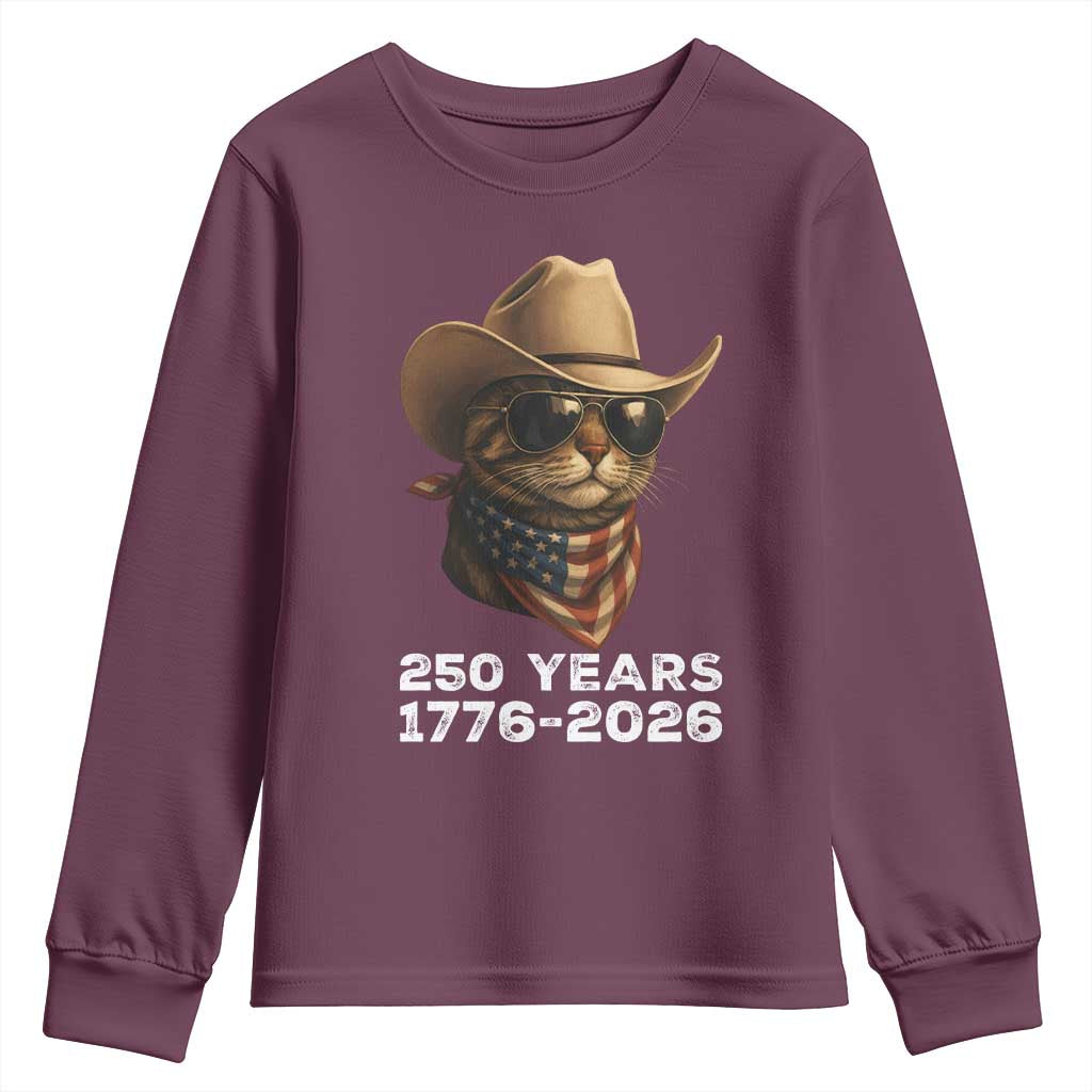 Cool Cowboy Cat 250 Years Youth Sweatshirt Funny Patriotic 1776 to 2026 US Semiquincentennial - Wonder Print Shop