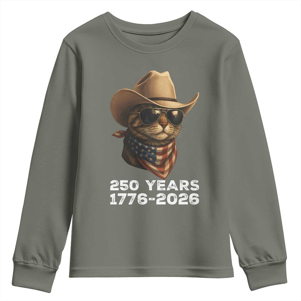 Cool Cowboy Cat 250 Years Youth Sweatshirt Funny Patriotic 1776 to 2026 US Semiquincentennial - Wonder Print Shop