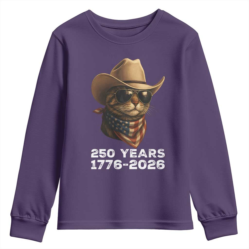 Cool Cowboy Cat 250 Years Youth Sweatshirt Funny Patriotic 1776 to 2026 US Semiquincentennial - Wonder Print Shop