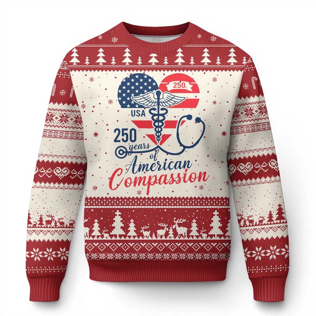 250 Years of American Compassion Ugly Christmas Sweater Patriotic Medical Worker - Wonder Print Shop