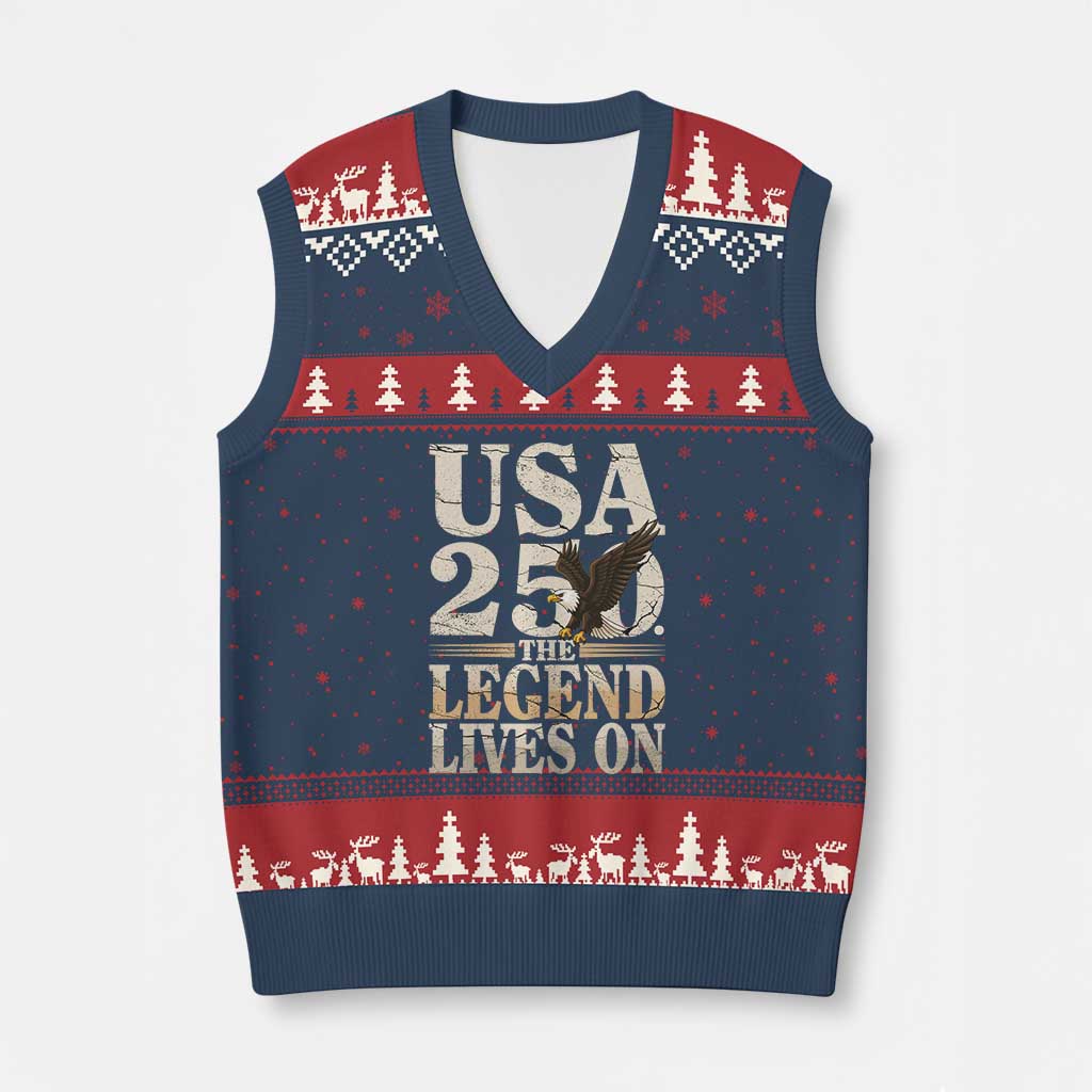 USA 250 The Legend Lives On V-Neck Knit Sweater Vest Patriotic Eagle for Semiquincentennial 2026 - Wonder Print Shop