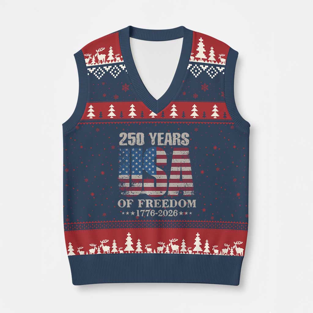 USA Flag 250 Years of Freedom V-Neck Knit Sweater Vest Vintage Patriotic 1776 to 2026 Semiquincentennial - Wonder Print Shop