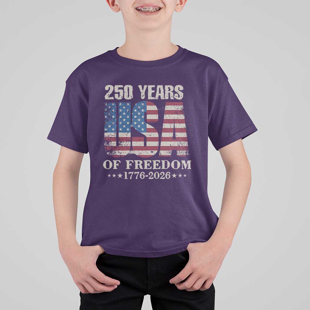 USA Flag 250 Years of Freedom T Shirt For Kid Vintage Patriotic 1776 to 2026 Semiquincentennial - Wonder Print Shop