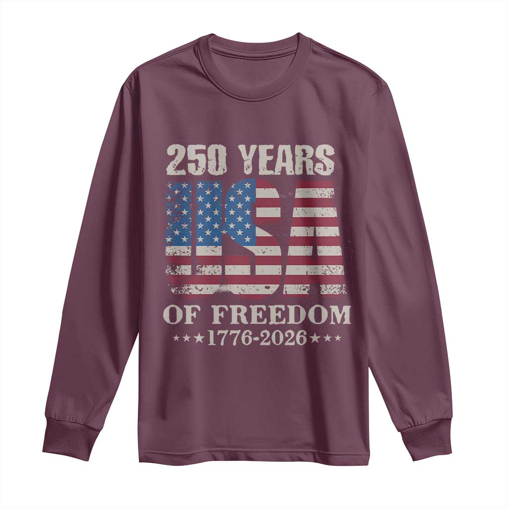 USA Flag 250 Years of Freedom Long Sleeve Shirt Vintage Patriotic 1776 to 2026 Semiquincentennial - Wonder Print Shop