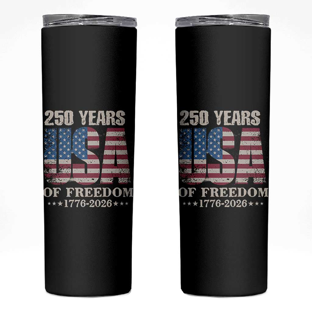 USA Flag 250 Years of Freedom Skinny Tumbler Vintage Patriotic 1776 to 2026 Semiquincentennial - Wonder Print Shop