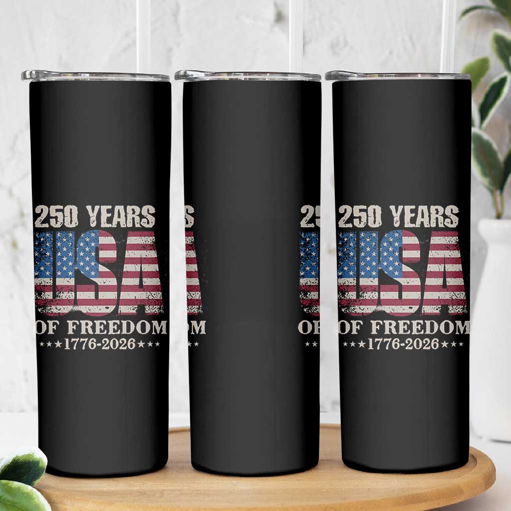 USA Flag 250 Years of Freedom Skinny Tumbler Vintage Patriotic 1776 to 2026 Semiquincentennial - Wonder Print Shop