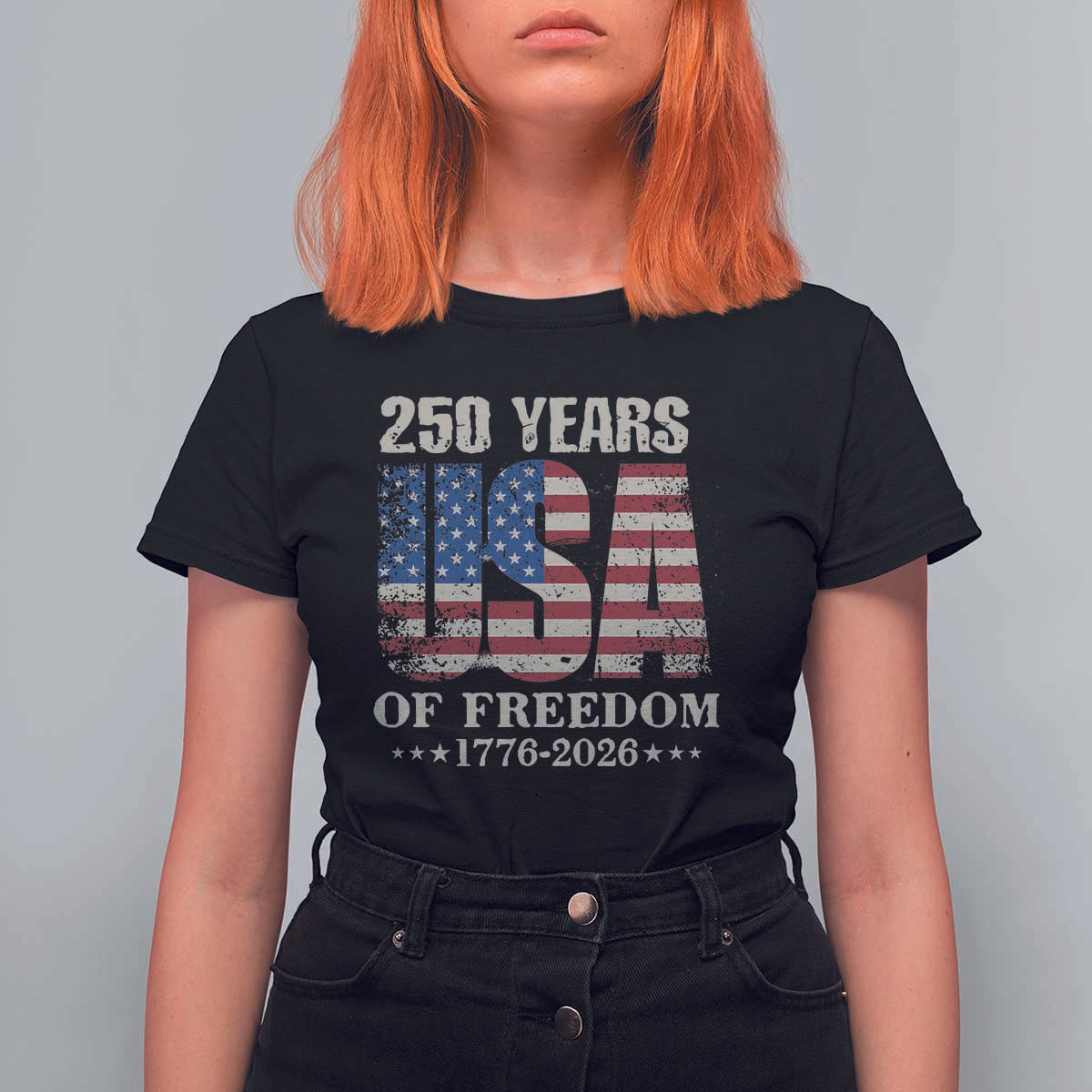USA Flag 250 Years of Freedom T Shirt For Women Vintage Patriotic 1776 to 2026 Semiquincentennial - Wonder Print Shop