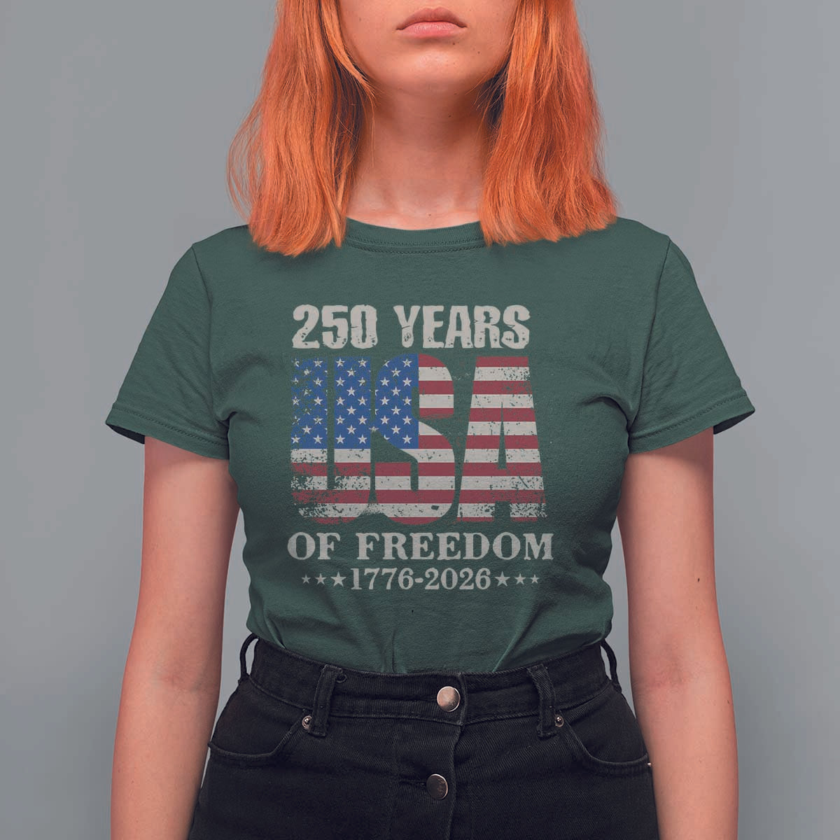 USA Flag 250 Years of Freedom T Shirt For Women Vintage Patriotic 1776 to 2026 Semiquincentennial - Wonder Print Shop