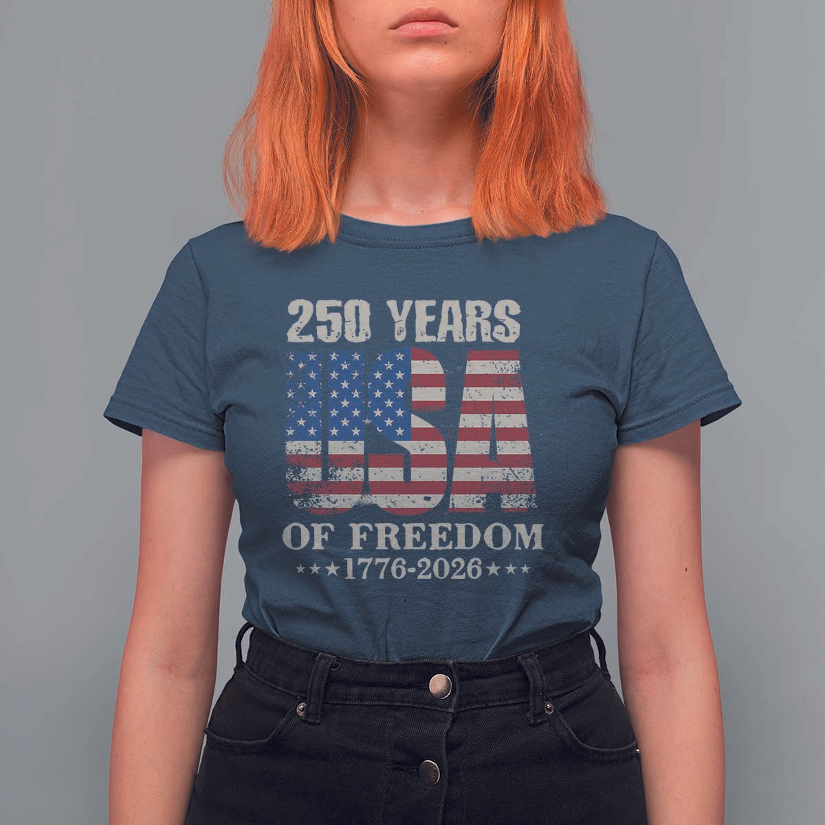 USA Flag 250 Years of Freedom T Shirt For Women Vintage Patriotic 1776 to 2026 Semiquincentennial - Wonder Print Shop