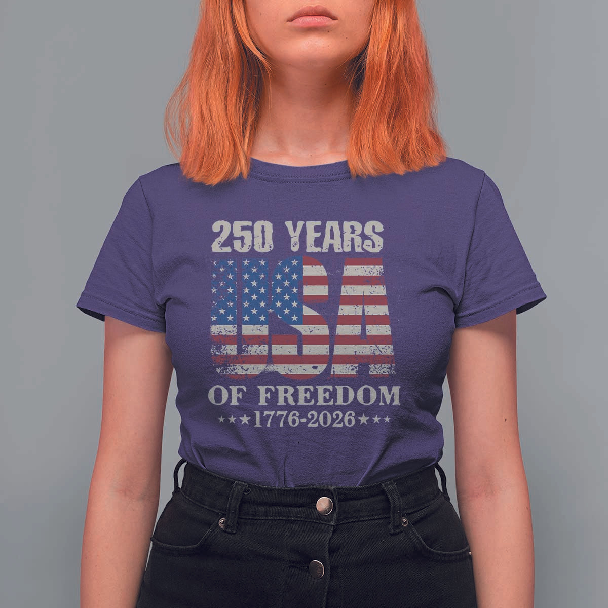 USA Flag 250 Years of Freedom T Shirt For Women Vintage Patriotic 1776 to 2026 Semiquincentennial - Wonder Print Shop