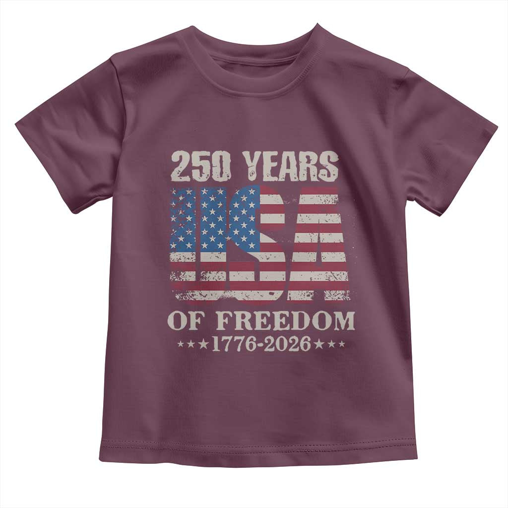 USA Flag 250 Years of Freedom Toddler T Shirt Vintage Patriotic 1776 to 2026 Semiquincentennial - Wonder Print Shop