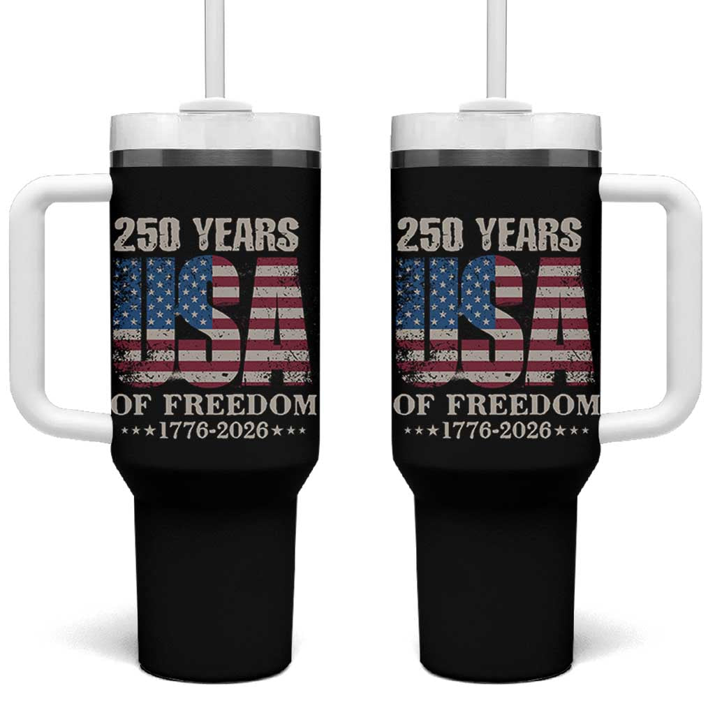 USA Flag 250 Years of Freedom Tumbler With Handle Vintage Patriotic 1776 to 2026 Semiquincentennial - Wonder Print Shop