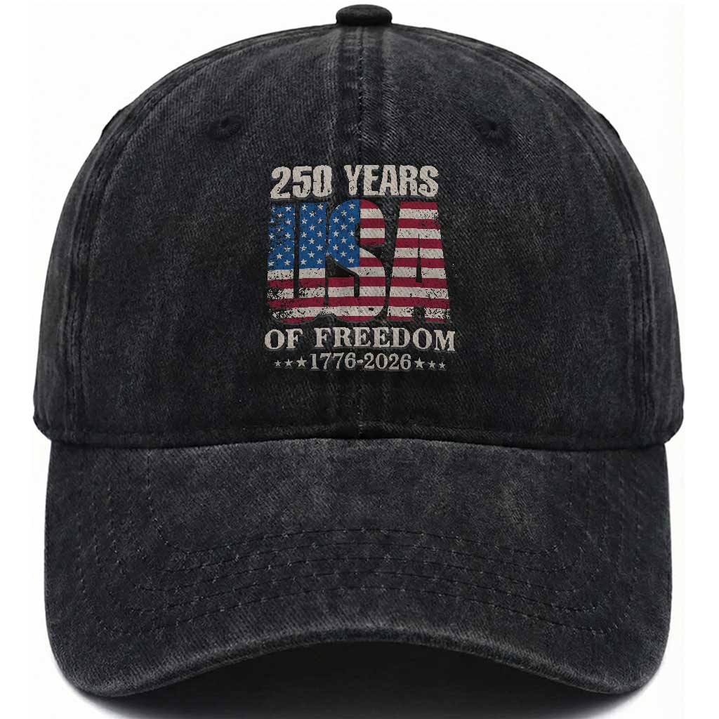 USA Flag 250 Years of Freedom Washed Cotton Baseball Cap Vintage Patriotic 1776 to 2026 Semiquincentennial