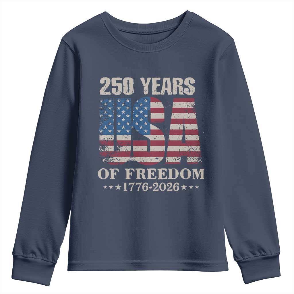 USA Flag 250 Years of Freedom Youth Sweatshirt Vintage Patriotic 1776 to 2026 Semiquincentennial - Wonder Print Shop