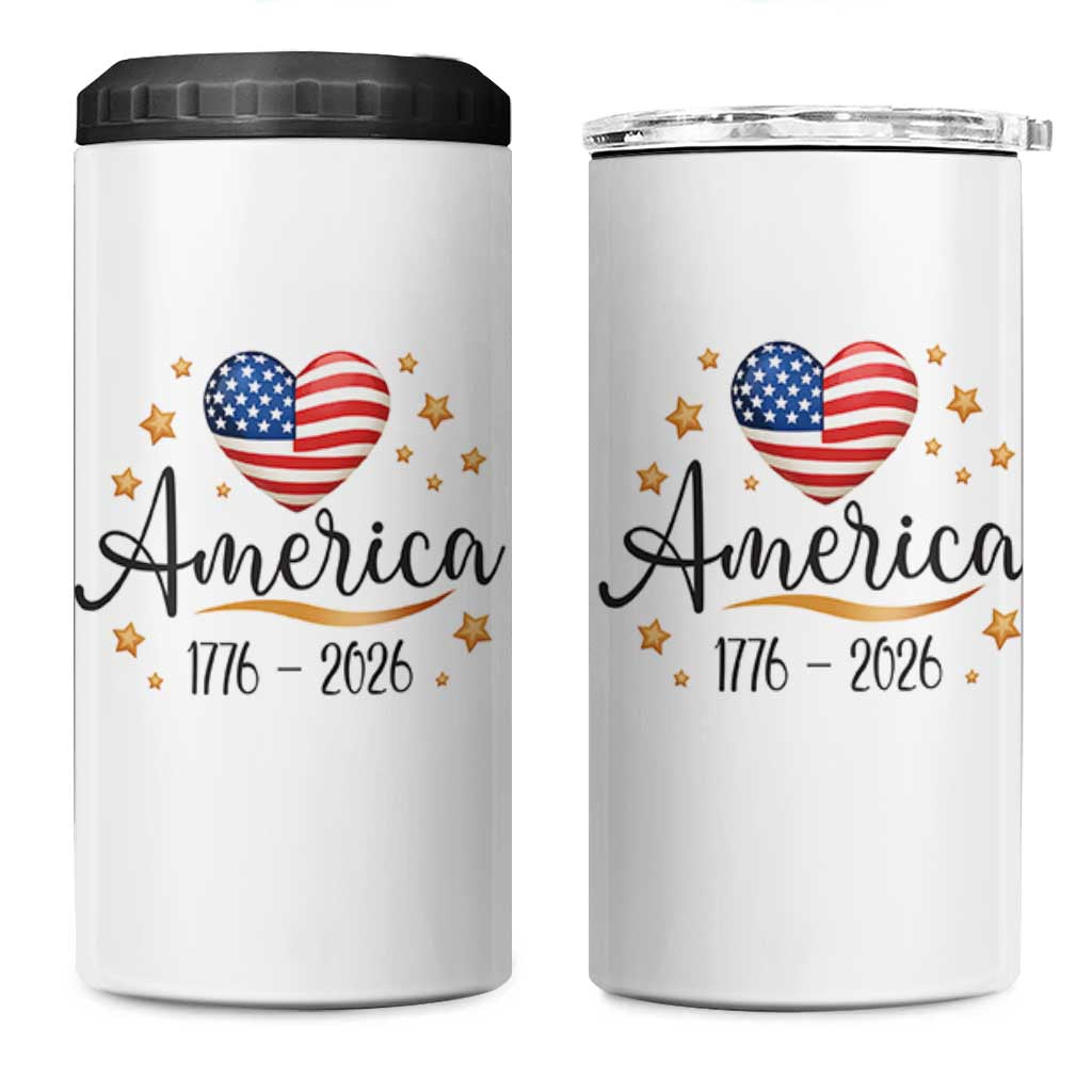 America Heart 250 Years 4 in 1 Can Cooler Tumbler US Semiquincentennial Cute Patriotic 1776 to 2026 - Wonder Print Shop