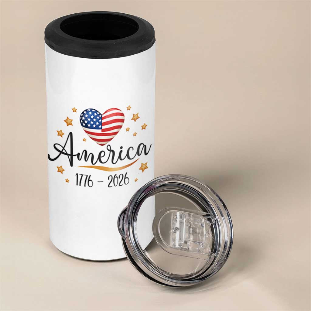 America Heart 250 Years 4 in 1 Can Cooler Tumbler US Semiquincentennial Cute Patriotic 1776 to 2026 - Wonder Print Shop