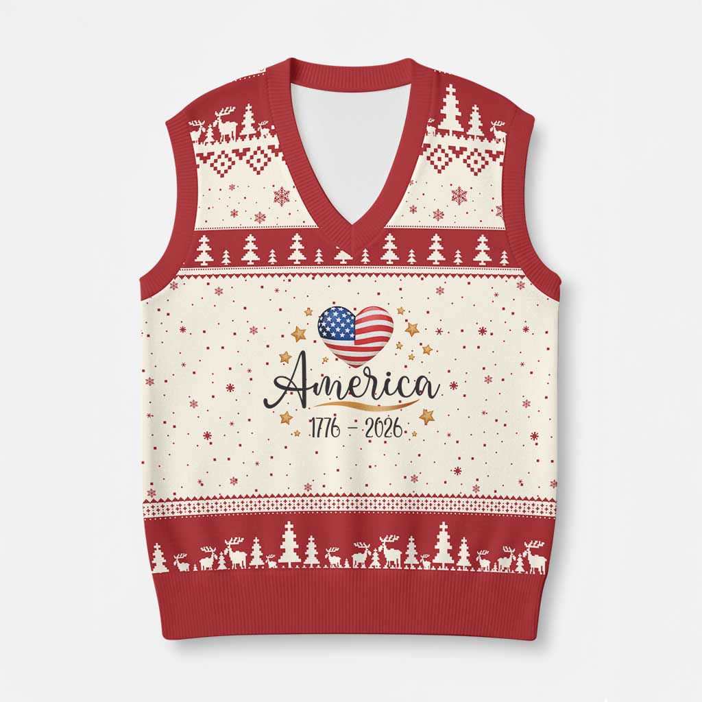 America Heart 250 Years V-Neck Knit Sweater Vest US Semiquincentennial Cute Patriotic 1776 to 2026 - Wonder Print Shop