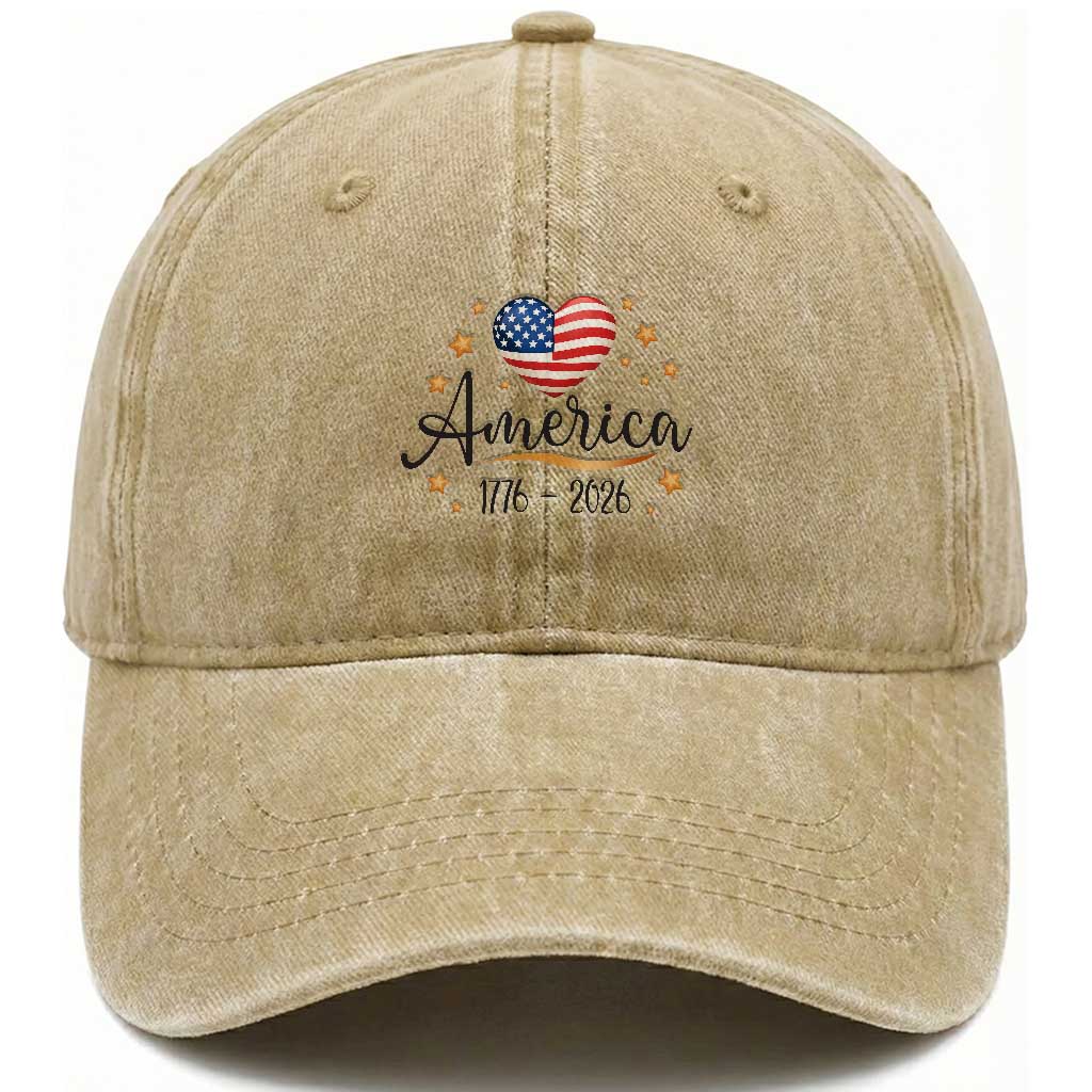 America Heart 250 Years Washed Cotton Baseball Cap US Semiquincentennial Cute Patriotic 1776 to 2026